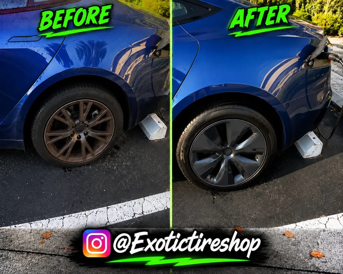 Before and after — weathered wheels swapped for gloss black wheels on a blue Tesla sedan