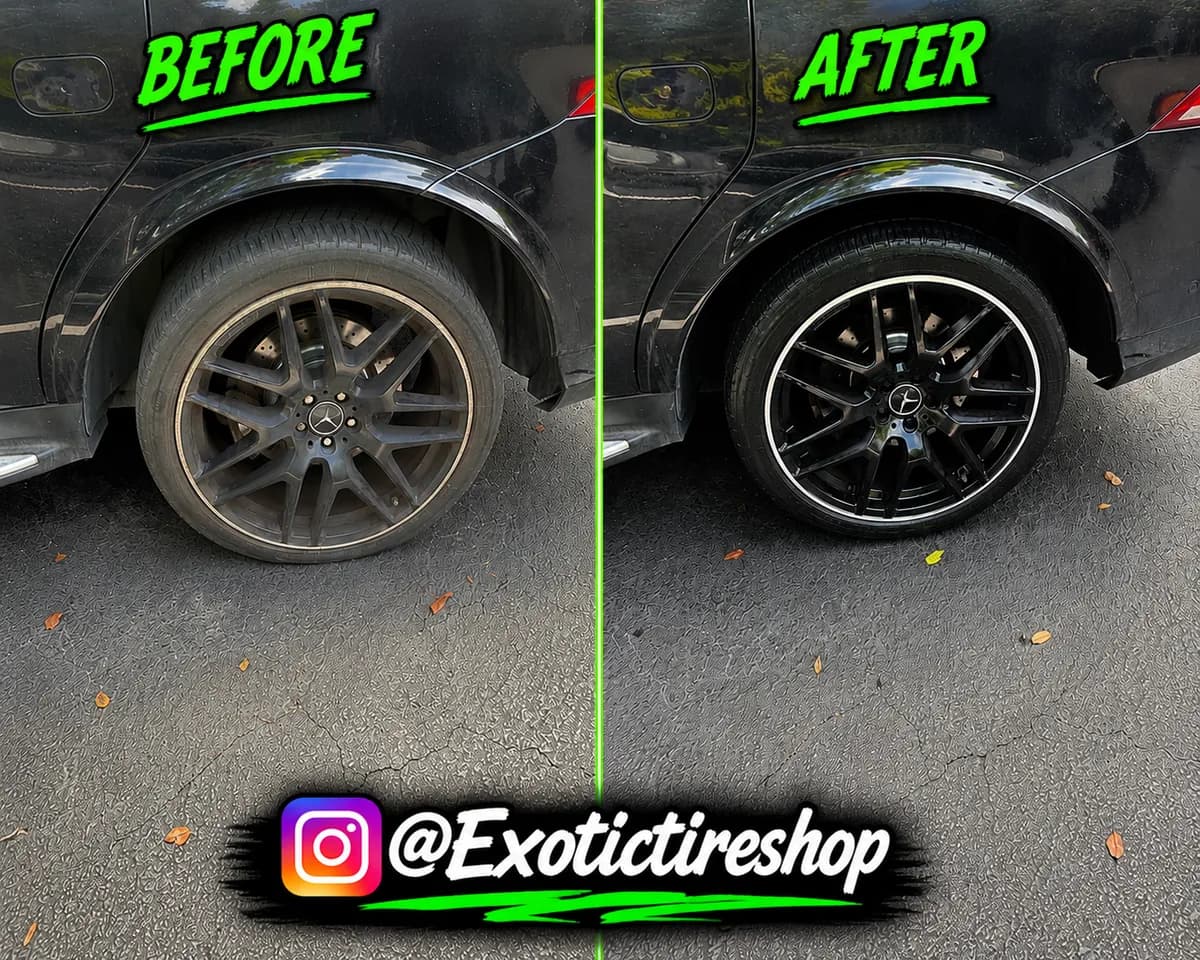 Before and after — faded AMG wheels refinished gloss black on a black Mercedes SUV