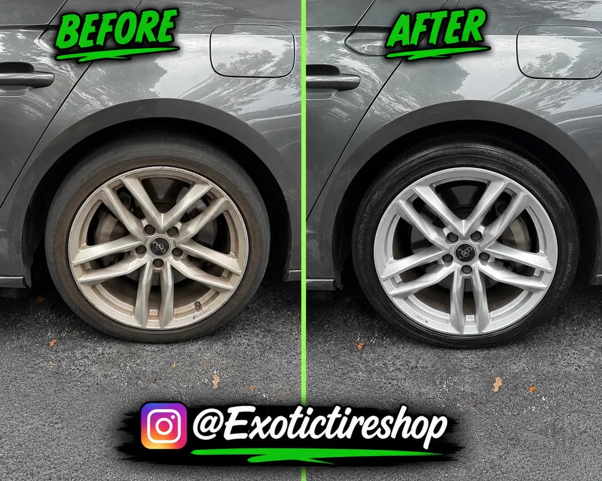 Before and after — corroded Audi Sport wheels restored to bright silver on a gray Audi