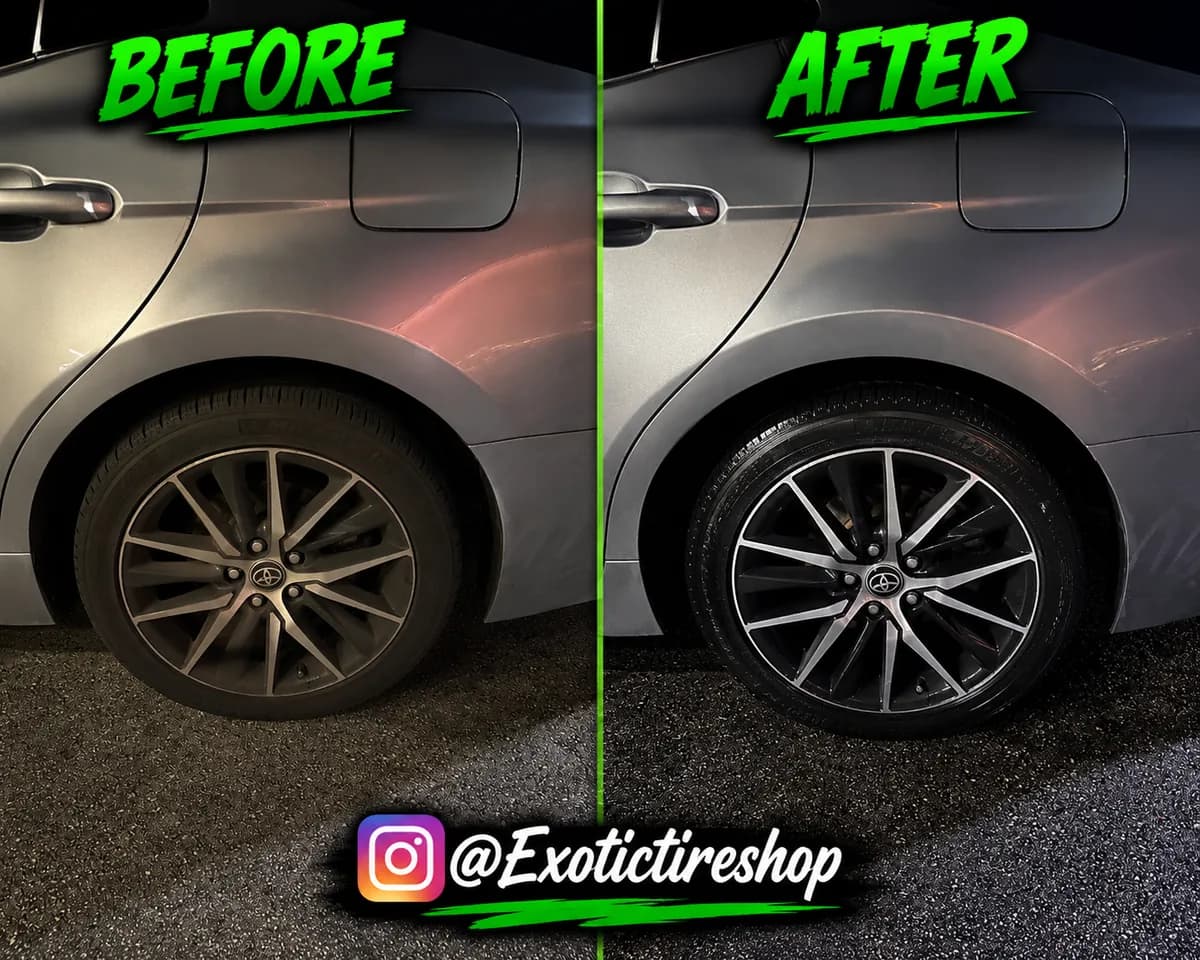 Before and after — new tires and machined-face wheels on a silver Toyota Camry