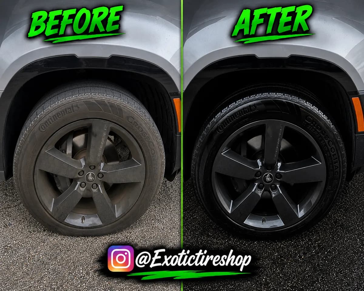 Before and after — new Continental tires and detailed wheels on a Land Rover Defender