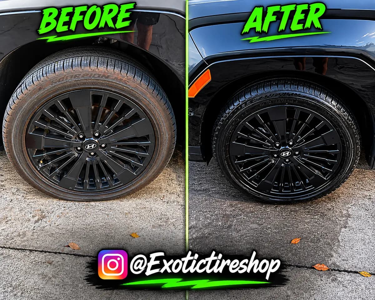 Before and after — satin black wheels deep-cleaned on a black Hyundai SUV
