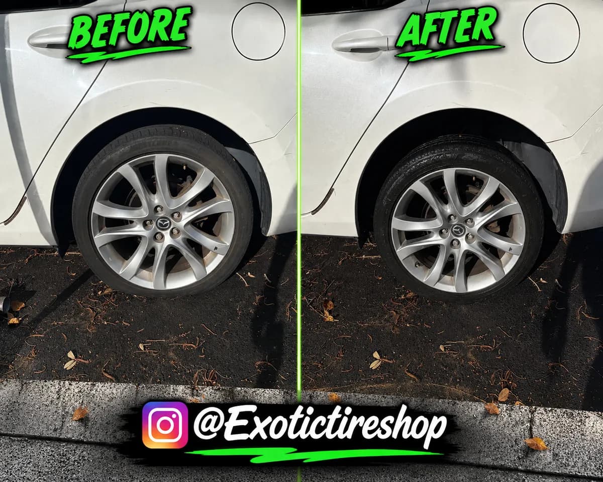 Before and after — worn tire replaced on a white Mazda sedan