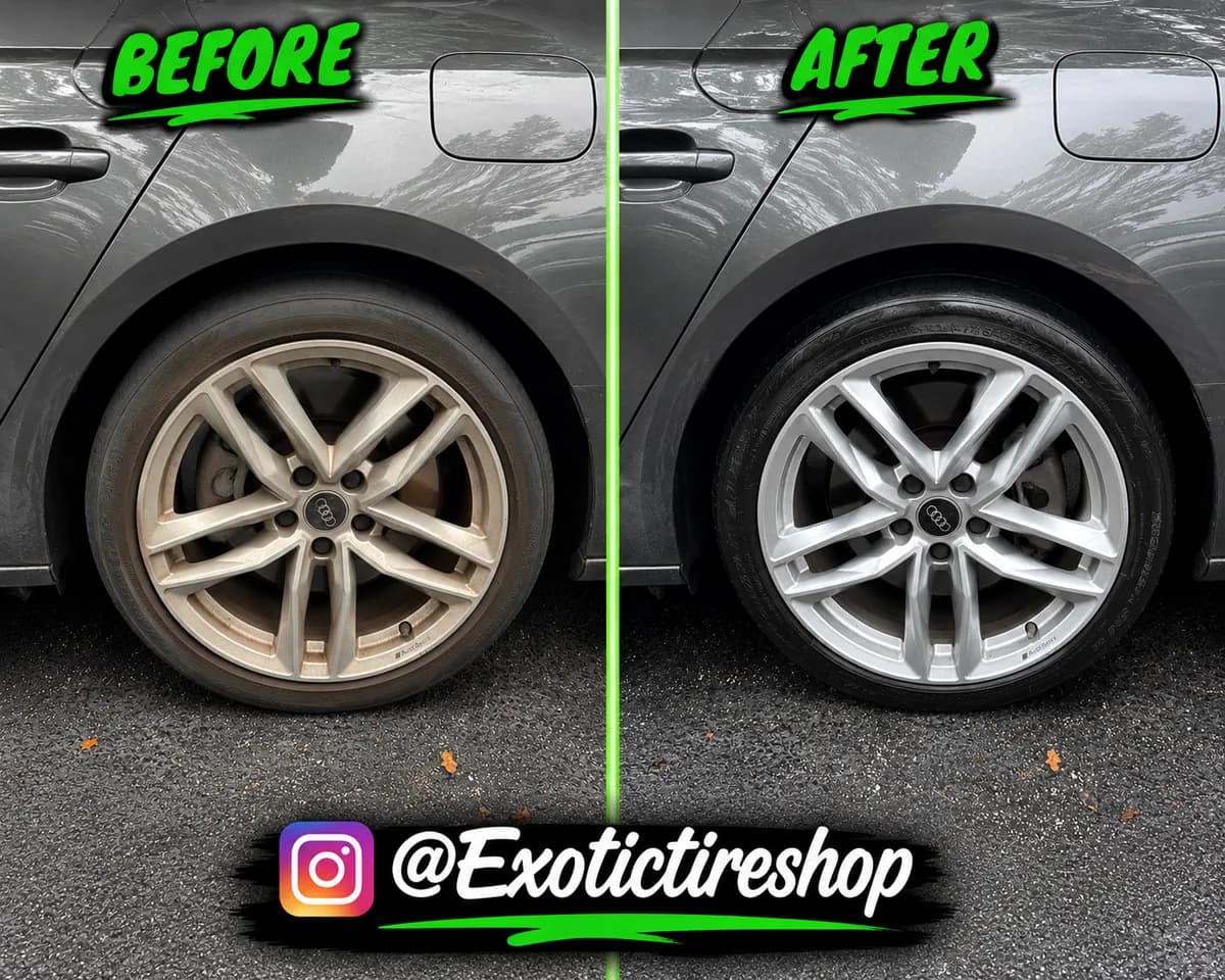 Before and after — restored Audi Sport wheels with fresh tires on a gray Audi sedan