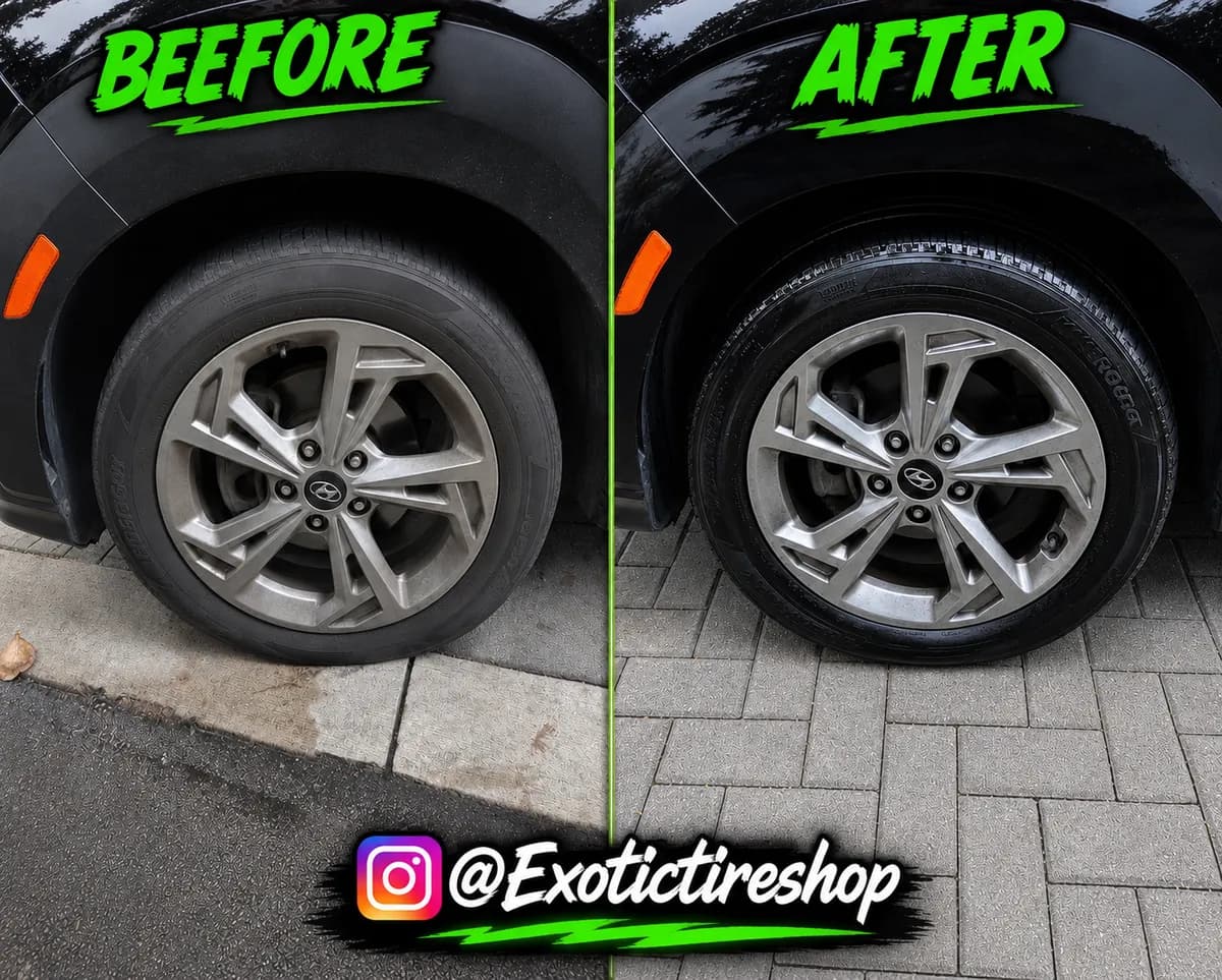 Before and after — cleaned wheels and fresh tires on a black Hyundai crossover